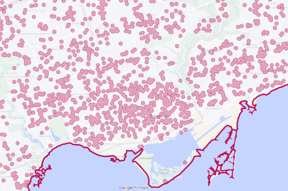 A map of Toronto which shows in red where protests could be restricted if a by-law were passed by Toronto City Council. It reveals that much of the City would become restricted.
